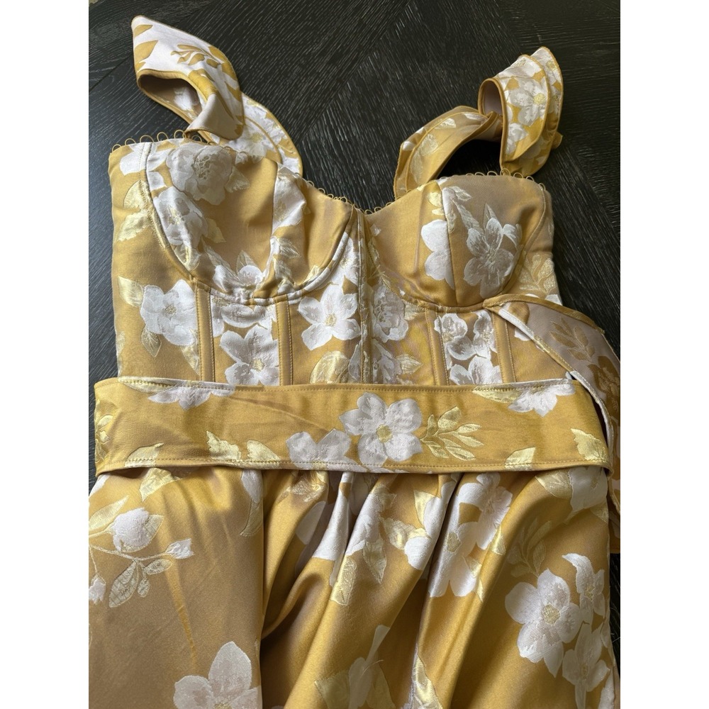 $525 Anthropologie V. Chapman Vera Ruffle Corset Slit Gold Dress Floral  10 Midi - Picture 10 of 15